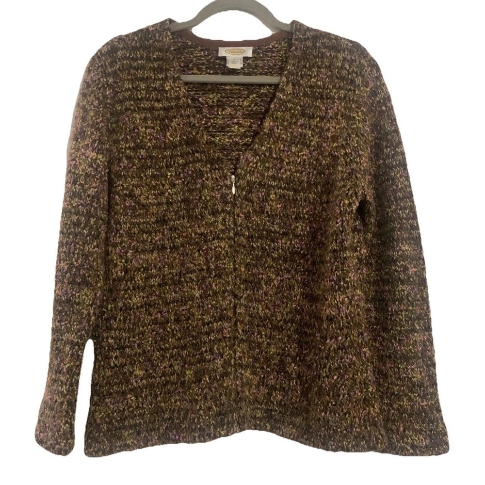 Talbots Zip Cardigan Women L Brown Multi Marled Knit V-Neck Cottagecore Sweater